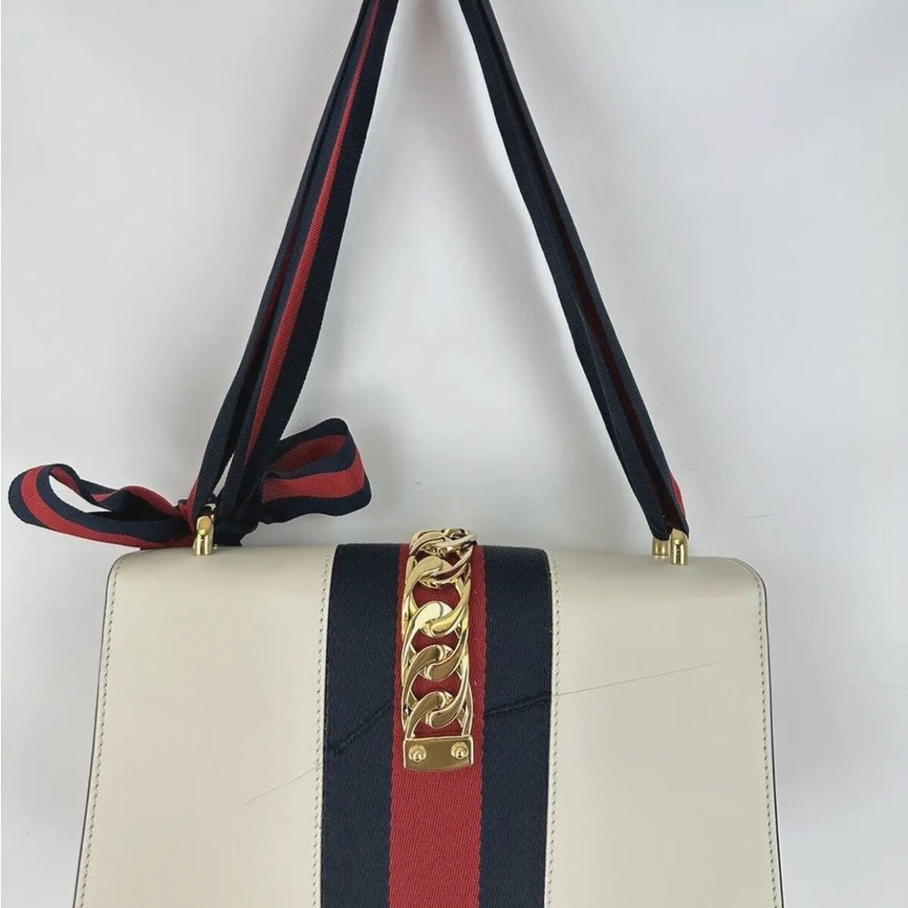 SOLD-Gucci Sylvie Leather Shoulder Bag White Embroidered Web Strap 10"x6.5" - Picture 5 of 15